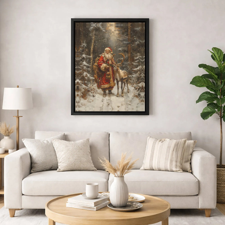 Vintage Santa Claus Wall Art | Snowy Forest Reindeer Print | Premium 1.25-Inch Gallery Canvas | Christmas Home Decor Gift