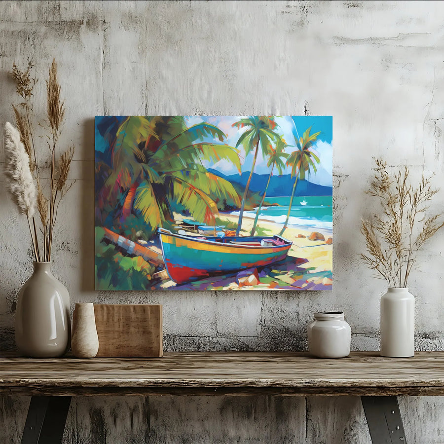 Tropical Beach Canvas Wall Art | Colorful Boat Under Palm Trees | 1.25 Inch Gallery Wrap | Coastal Living Room Decor Gift