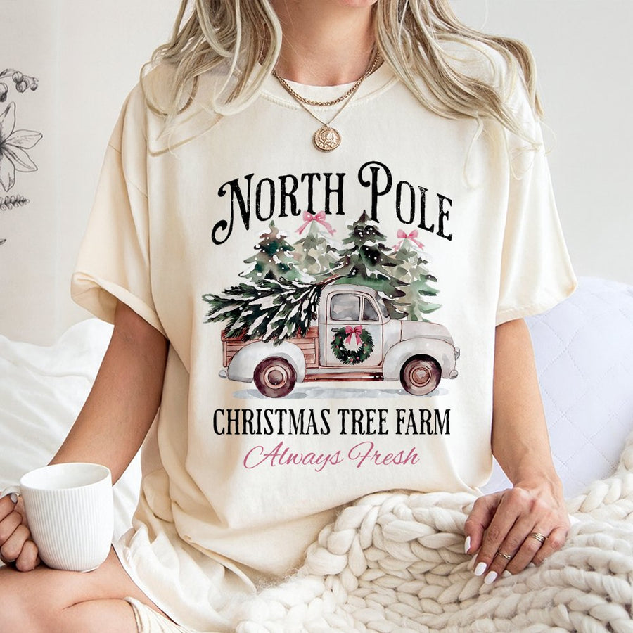 North Pole Christmas Tree Farm T-Shirt | Vintage Rustic Truck Graphic | 100% Cotton Premium Tee | Festive Holiday Gift for Women & Men