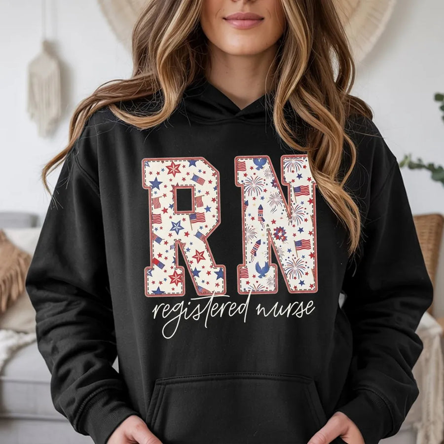 Patriotic RN Hoodie | USA Flag Fireworks Graphic Tee | Soft Cotton Shirt | Gift for Registered Nurse