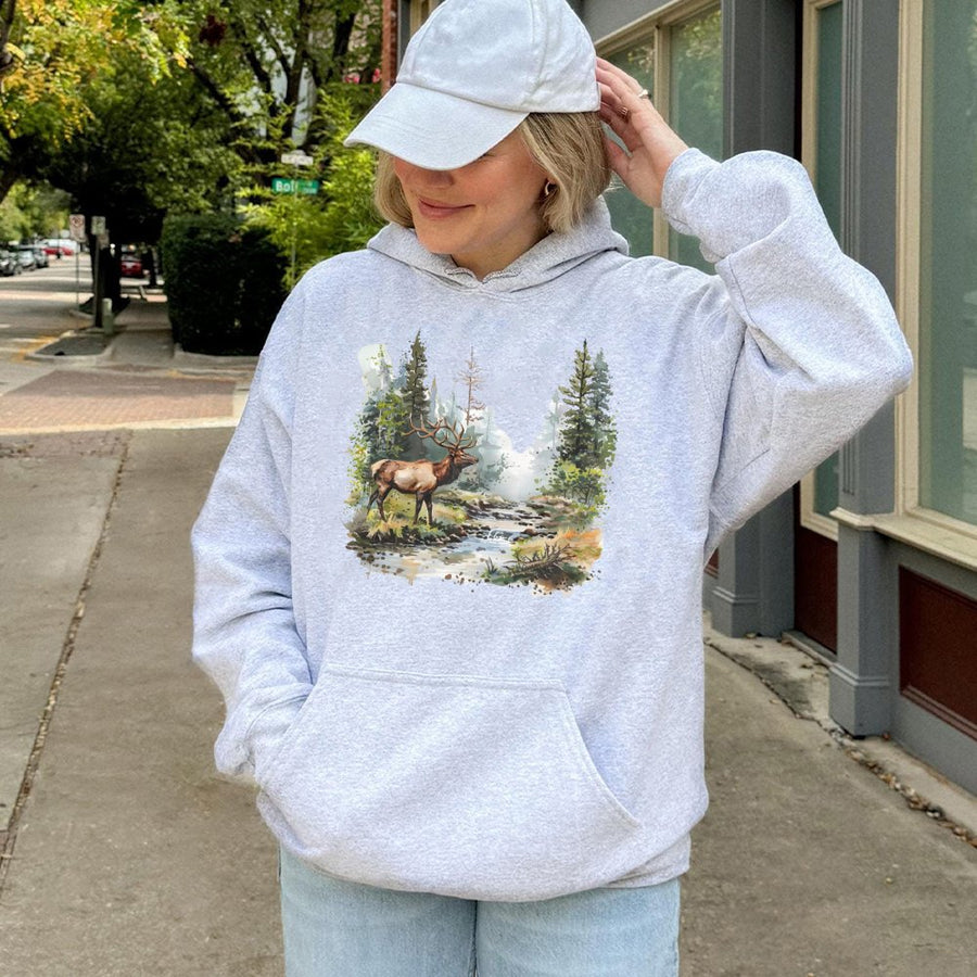 Elk Wildlife Hoodie | Watercolor Forest Nature Print | Premium Cotton Blend | Unisex Outdoor Gift for Wildlife Lovers