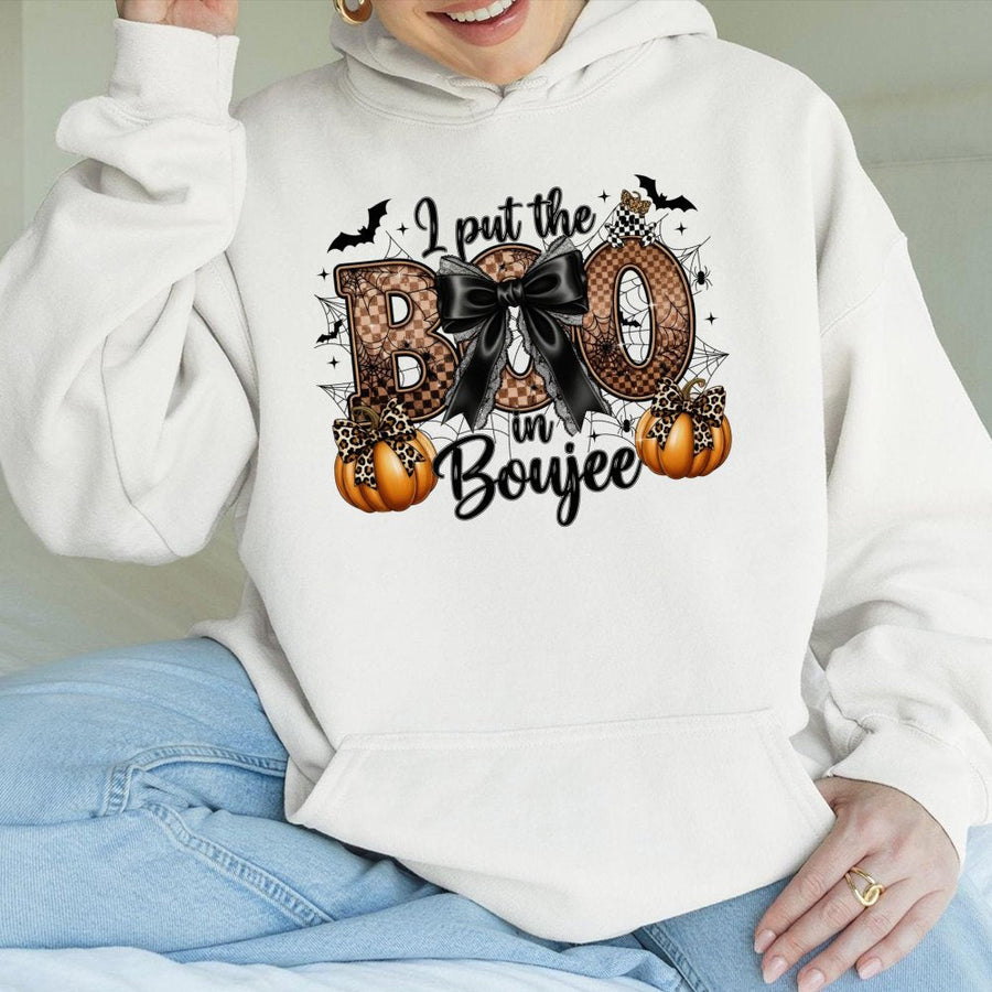 I Put The Boo In Boujee Hoodie | Leopard Print Pumpkin Halloween Design | Premium Soft Blend Pullover | Cute Spooky Aesthetic Gift For Women