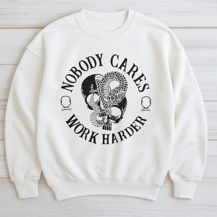 Nobody Cares Work Harder Sweatshirt | Motivational Skull Graphic Crewneck | Premium Cotton Blend | Unisex Gym Fitness Gift For Men And Women