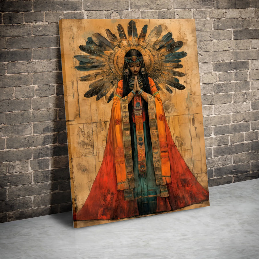 Native American Woman Wall Art | Spiritual Praying Figure With Feather Headdress | Premium Gallery Wrapped Canvas | Boho Home Decor Gift