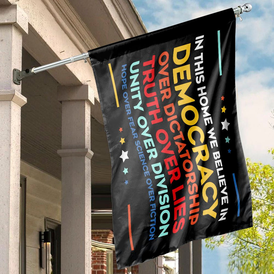 In This Home We Believe House Flag | Progressive Values Banner | Premium Weather-Resistant Polyester | Outdoor Garden Decor Gift