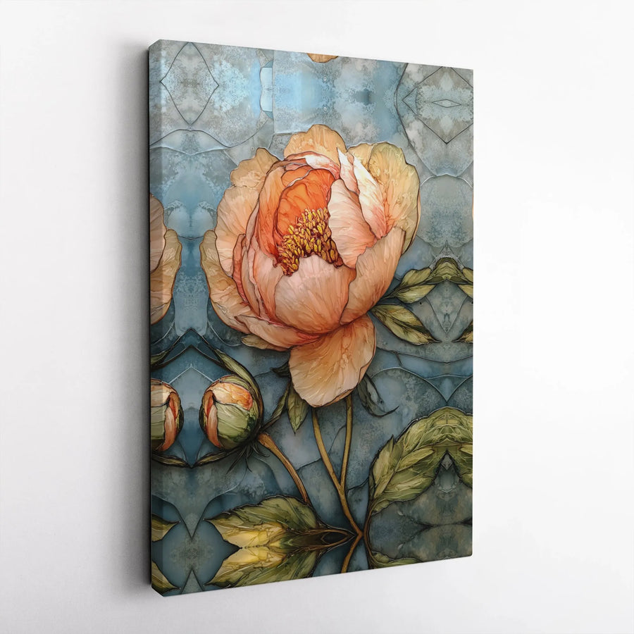 Peony Flower Canvas Wall Art | Stained Glass Style Botanical Print | Premium Gallery Wrap 1.25" Profile | Modern Floral Home Decor Gift
