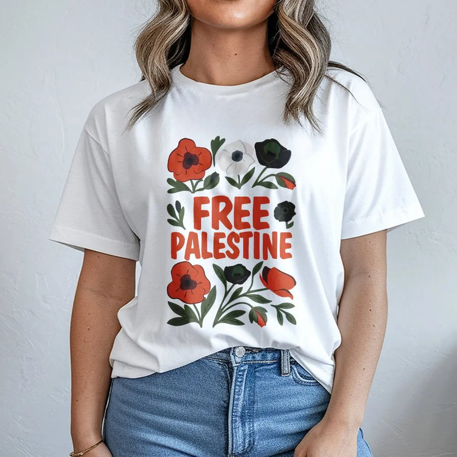 Free Palestine T-Shirt | Palestinian Poppy Flower Graphic | Soft Cotton Tee | Activist Gift for Protest