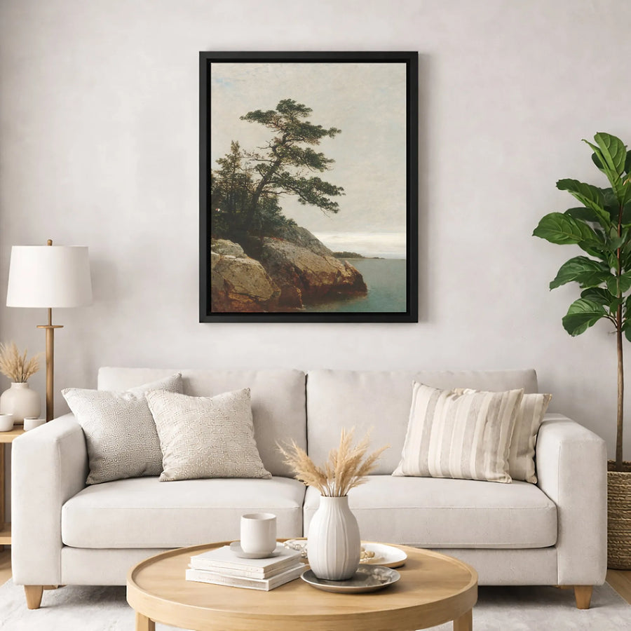 Coastal Pine Tree Landscape Canvas | Moody Rocky Shore Wall Art | Premium Gallery Wrapped Print | Nature Lover Home Decor Gift