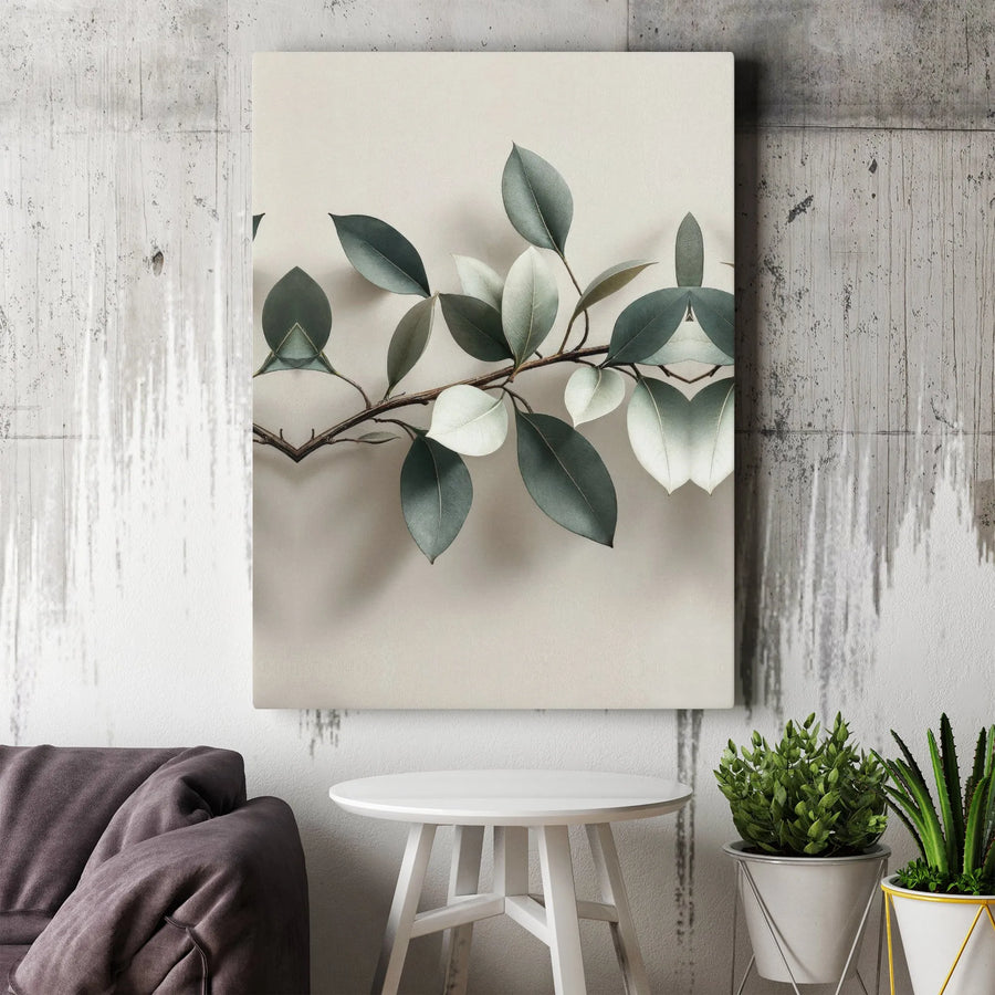 Minimalist Botanical Canvas Wall Art | Sage Green Leaf Branch Print | Premium Gallery-Wrapped 1.25" Frame | Modern Farmhouse Living Room Decor