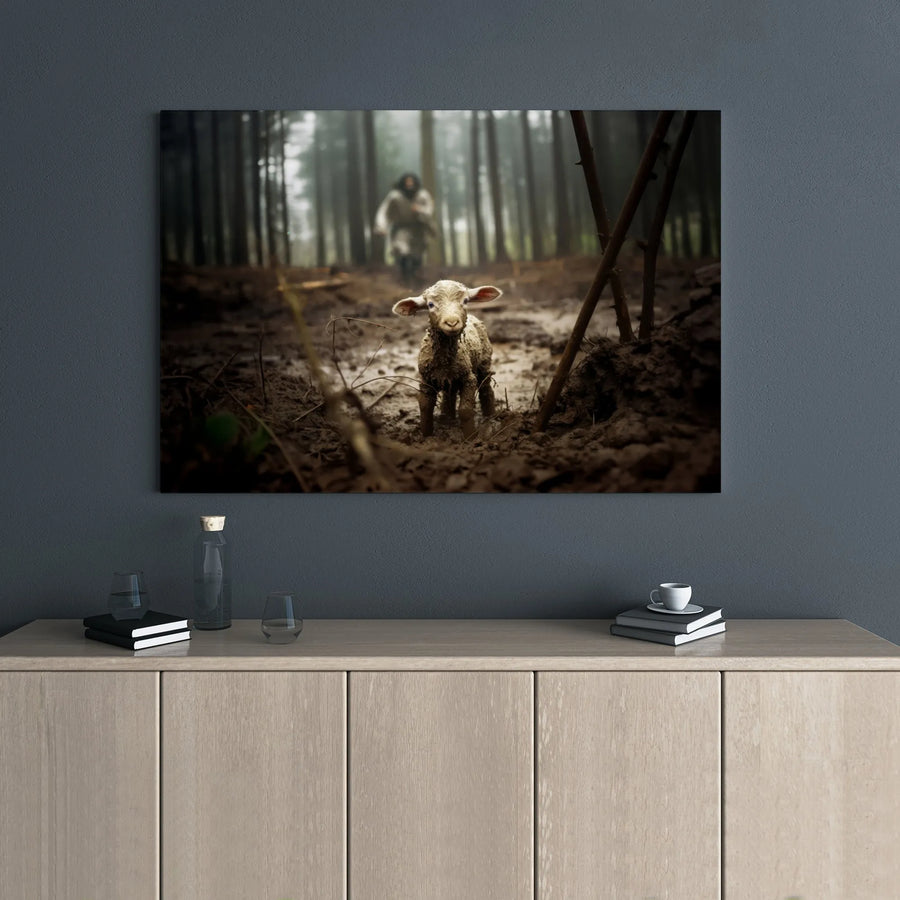 The Lost Sheep Canvas Art | Jesus Shepherd Finding A Lamb In Forest | Premium Gallery Wrap Decor | Religious Christian Gift For Home