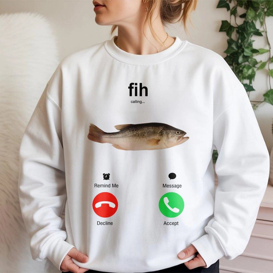 Fih Calling Fish Meme Sweatshirt | Funny Phone Call Graphic Print | Premium Cotton Blend Crewneck | Humorous Gift For Fisherman Men Women