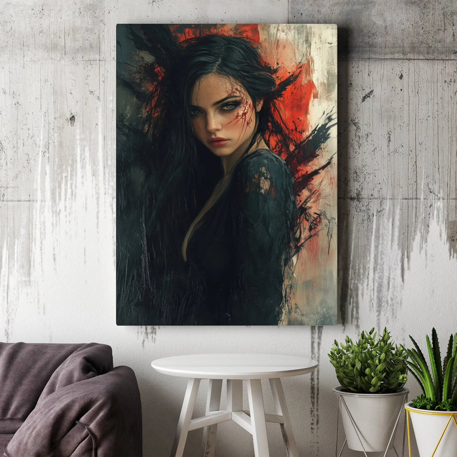 Dark Fantasy Portrait Canvas | Moody Abstract Red and Black Wall Art | Premium Gallery Wrapped Print | Modern Gothic Home Decor Gift