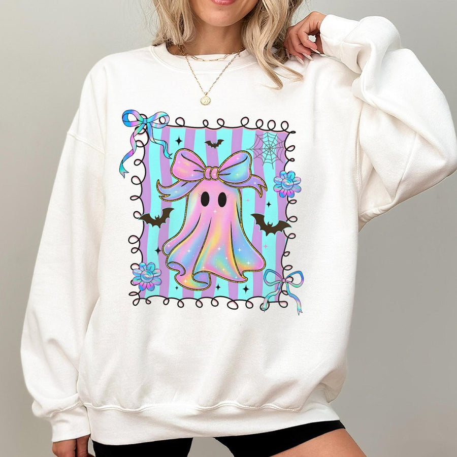 Iridescent Ghost Sweatshirt | Preppy Coquette Halloween Design | Premium Cotton Blend | Cute Spooky Aesthetic Gift for Her