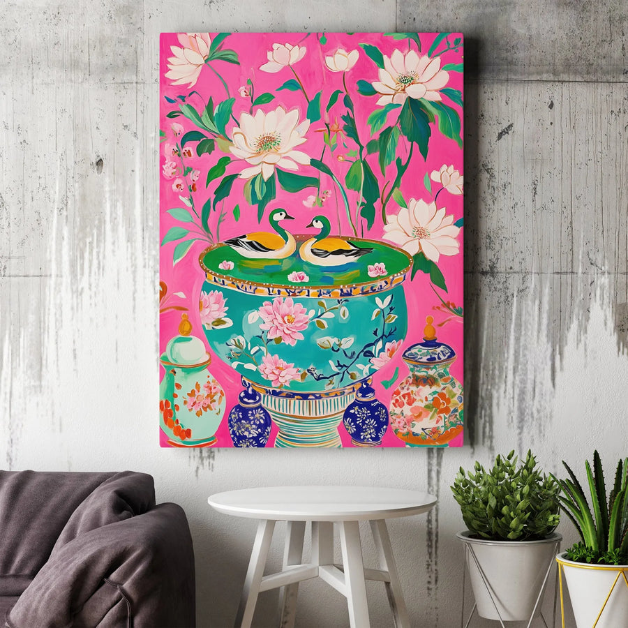 Chinoiserie Duck Canvas Wall Art | Vibrant Pink Lotus Floral Print | Premium Gallery Wrap Decor | Aesthetic Maximalist Home Gift