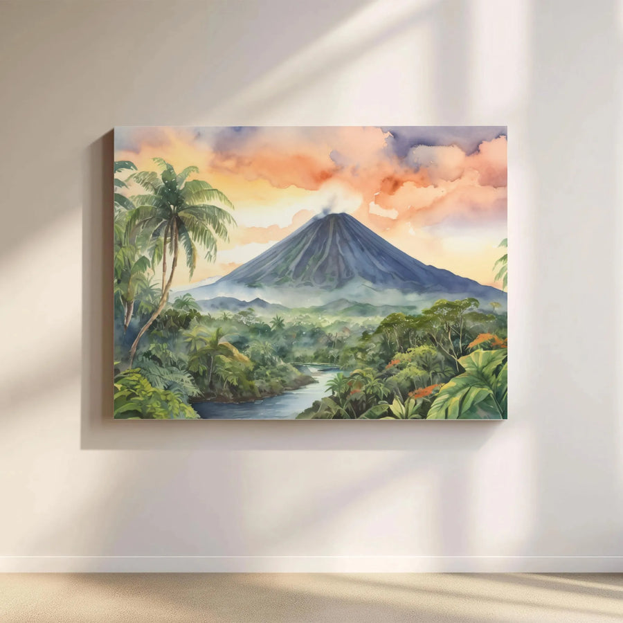 Volcano Landscape Canvas Print | Watercolor Tropical Jungle Scene | Premium Gallery Quality Art | Living Room Decor Gift for Nature Lovers
