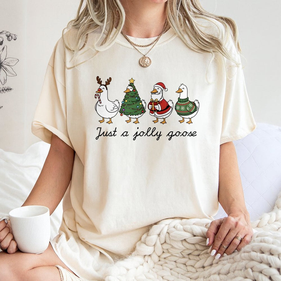 Just A Jolly Goose T-Shirt | Cute Christmas Duck Graphic Design | Premium 100% Cotton Apparel | Holiday Gift For Duck Lovers