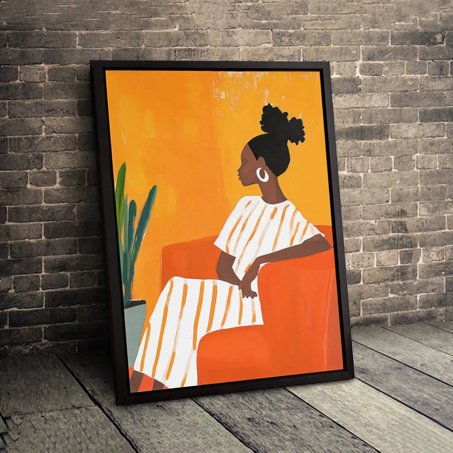 Black Woman Art Print | Modern Abstract Orange Dress Portrait | Gallery-Wrapped Canvas Wall Decor | Premium Home Office Aesthetic Gift