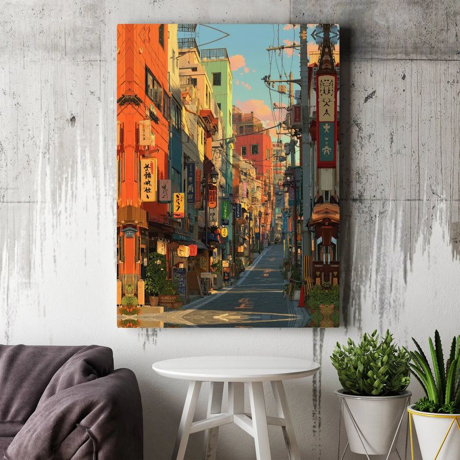 Japanese Street Anime Canvas Print | Vibrant Tokyo Alleyway Illustration | Gallery-Wrap Premium Decor | Aesthetic Gift for Otaku Lovers