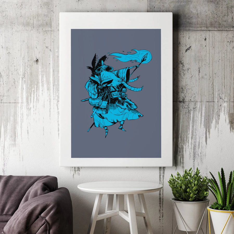 Fantasy Wizard Vertical Canvas | Minimalist Sorcerer Illustration | Premium Thick Gallery Print | Modern Gamer Room Decor Gift