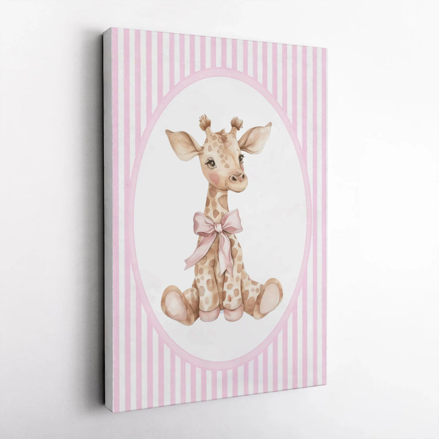 Baby Giraffe Wall Art | Watercolor Nursery Decor with Pink Bow | Premium Gallery Wrapped Canvas | Charming Gift for Newborns