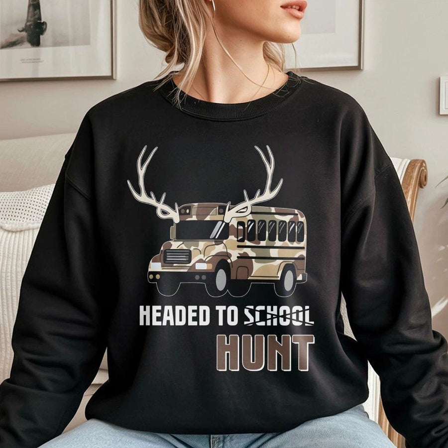 Headed To School Hunt Sweatshirt | Camo School Bus Deer Antlers Graphic | Premium Cotton Blend | Gift For Hunter Country Boys & Teens