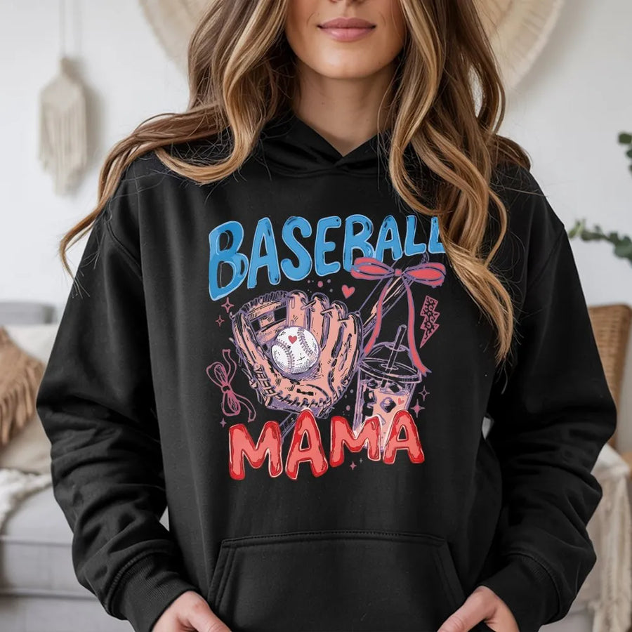 Baseball Mama Hoodie | Halloween Gameday Doodle Design | Double Sided Weather Resistant Fabric | Gift for Sports Mom Outdoor Decor