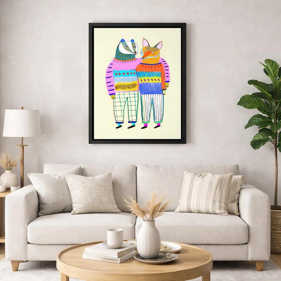 Whimsical Badger and Fox Canvas Print | Colorful Animal Illustration Wall Art | Gallery-Quality 1.25" Profile | Nursery Decor or Quirky Gift