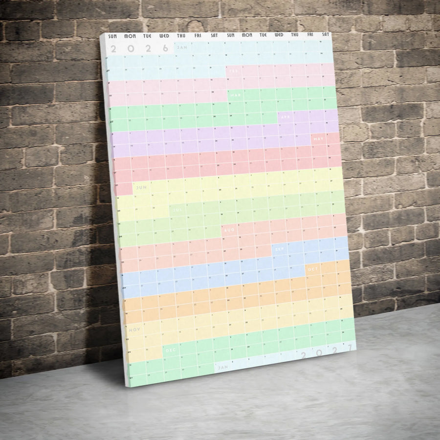 2026 2027 Yearly Wall Calendar Canvas | Pastel Rainbow Minimalist Planner | 1.25-inch Premium Gallery Wrap | Office Decor Gift for Productivity