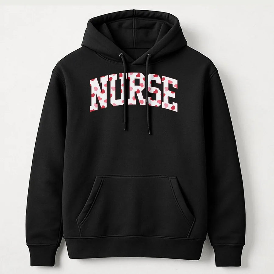 Nurse Valentine Hoodie | Heart Print Collegiate Font Design | Premium Cotton Blend | Nursing Student Gift for RN LPN