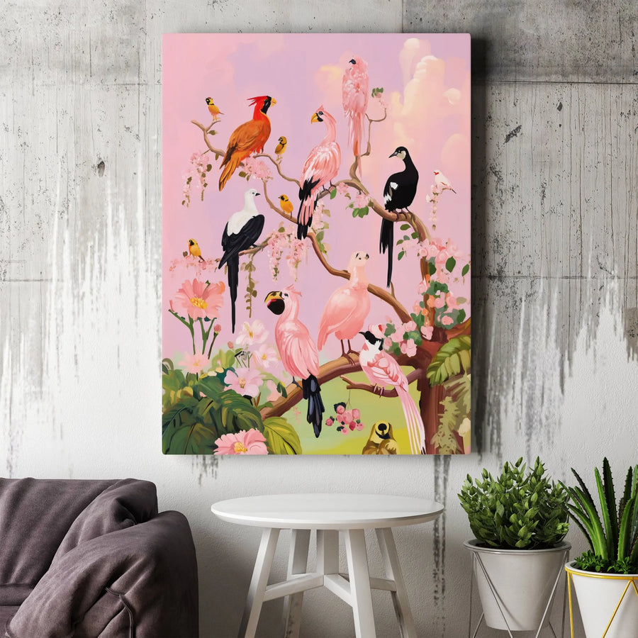 Chinoiserie Bird Canvas Wall Art | Colorful Birds on Flowering Branch | Premium Fade-Resistant Print | Vintage Floral Decor Gift