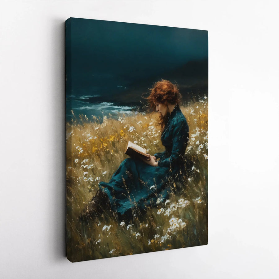 Woman Reading Book Canvas Wall Art | Moody Stormy Sea Wildflower Field | Premium Gallery Wrap Print | Romantic Aesthetic Home Decor Gift