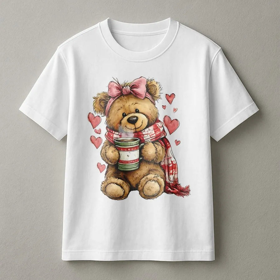Coquette Teddy Bear T-Shirt | Valentine Heart Aesthetic Graphic | Premium Soft Cotton Tee | Cute Romantic Gift for Her & Teen Girls