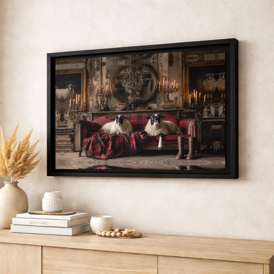 Whimsical Farmhouse Canvas Wall Art | Two Sheep Sitting on Red Plaid Sofa | Premium Gallery Wrap Print | Unique Living Room Decor Gift