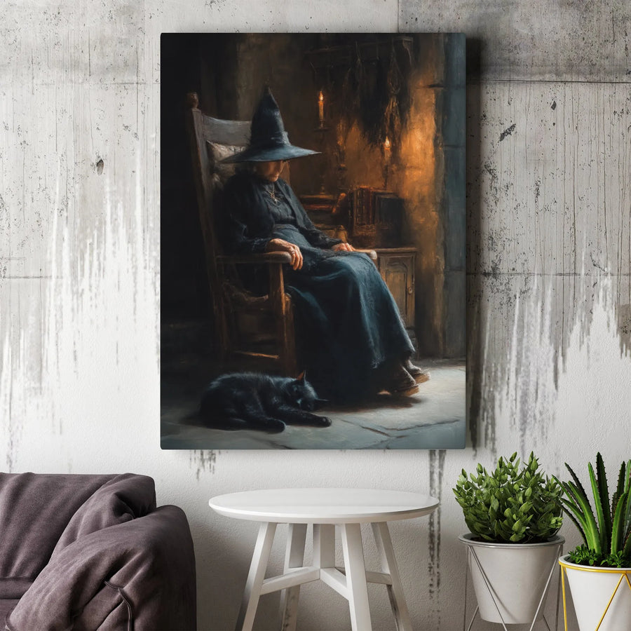 Sleeping Witch Canvas Wall Art | Dark Academia Gothic Decor | Premium Gallery Wrap Print | Halloween Home Gift for Witchy Aesthetic Lovers