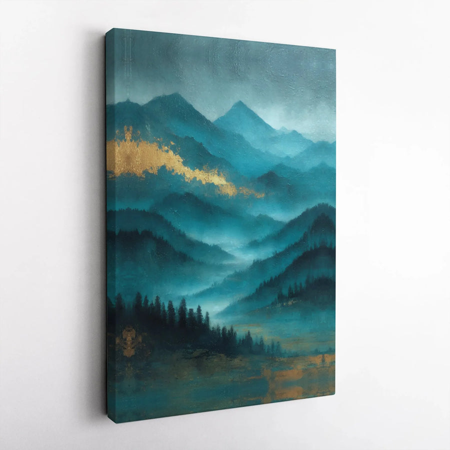 Teal and Gold Mountain Canvas Wall Art | Foggy Forest Abstract Landscape Print | Premium 1.25 Inch Gallery Wrap | Modern Home Decor Gift