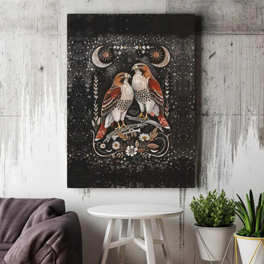 Celestial Hawk Canvas Print | Mystical Sun and Moon Bird Illustration | Premium Gallery Wrapped Canvas | Bohemian Wall Decor Gift
