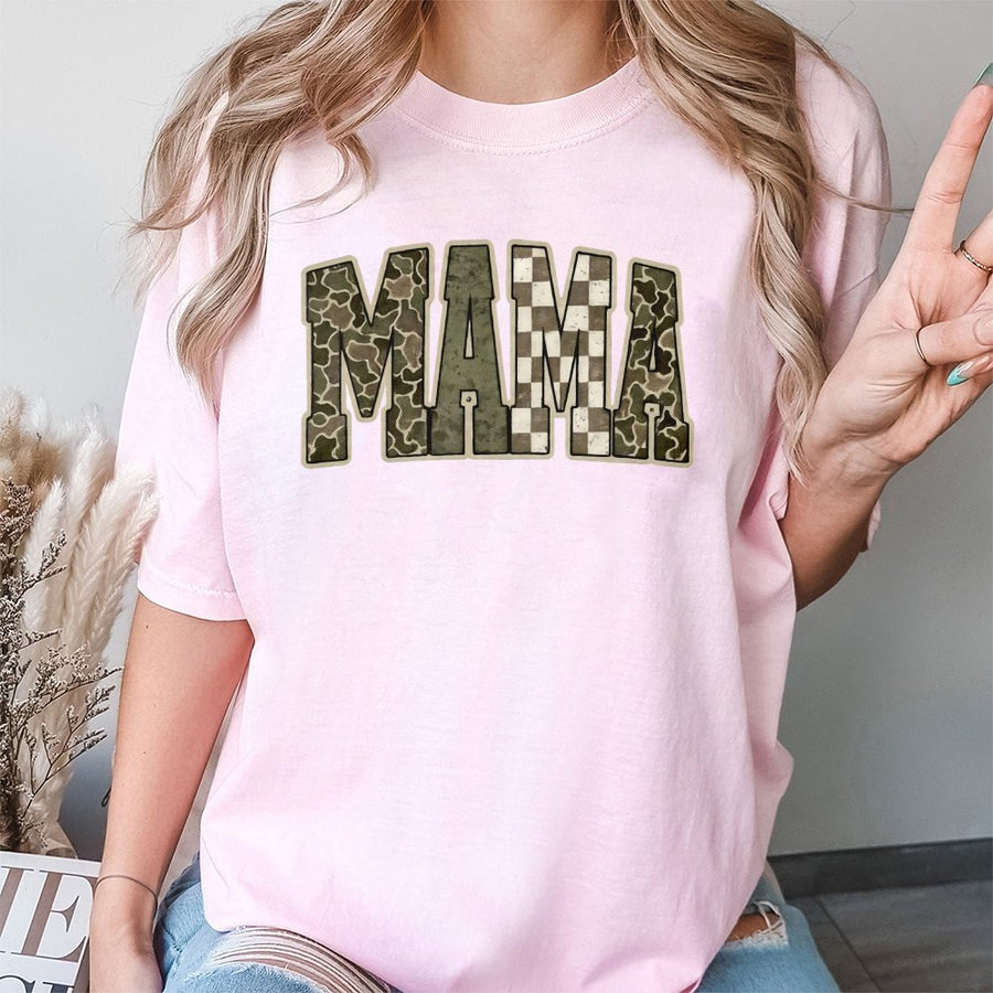 Mama Camo T-Shirt | Distressed Varsity Western Print | 100% Cotton Premium Tee | Hunting Mom Gift Idea