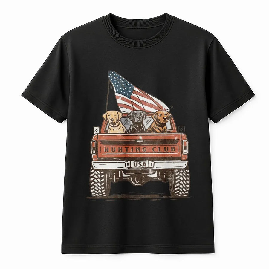 Patriotic Labrador T-Shirt | Vintage Hunting Club Truck with USA Flag | Premium Graphic Tee | 4th of July Gift for Dog Lover