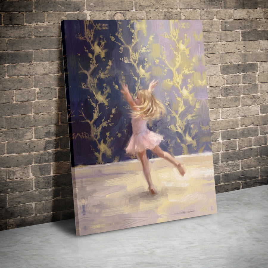 Impressionist Ballerina Canvas Print | Whimsical Dancing Girl with Golden Florals | Premium Gallery Wrapped Canvas | Nursery & Girl's Bedroom Wall Decor Gift