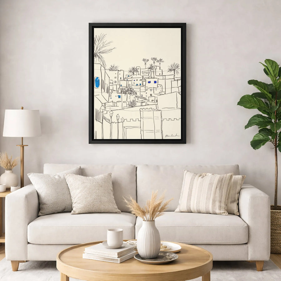 Moroccan Medina Canvas Art | Minimalist Line Drawing with Blue Accents | Gallery Quality 1.25" Wrap | Premium Travel-Inspired Home Decor