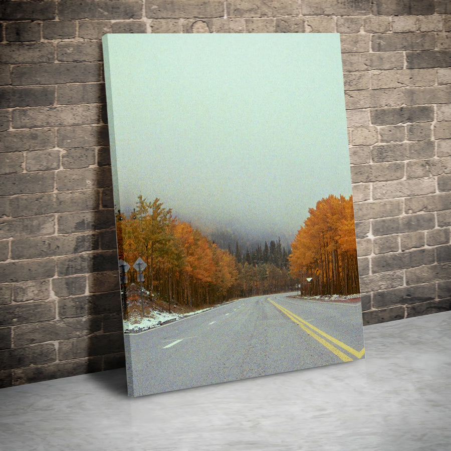 Autumn Forest Road Canvas | Foggy Golden Trees Landscape | 1.25 Inch Gallery Wrap | Fall Home Decor Wall Art