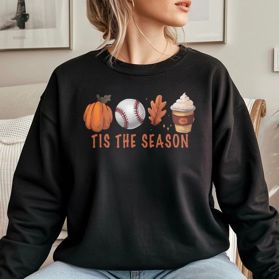 Baseball Fall Sweatshirt | Tis The Season Pumpkin Coffee Graphic | Premium Cotton Blend | Cozy Autumn Gift For Baseball Mom And Fans