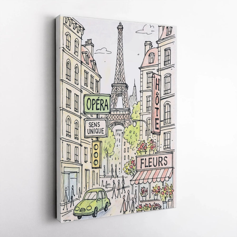 Parisian Street Art Canvas | Eiffel Tower Sketch Print | Premium Gallery-Wrapped 1.25" Wall Decor | Travel-Inspired Gift for Home or Office
