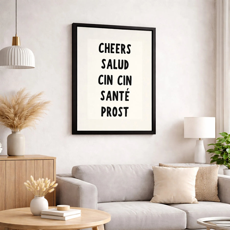 Cheers Multilingual Wall Art | Toasting Words Typographic Print | Gallery Quality 1.25 Inch Canvas | Bar Decor & Housewarming Gift