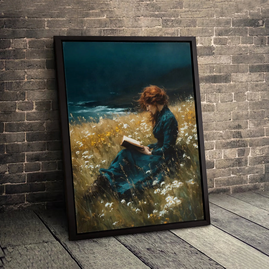 Woman Reading Book Canvas Wall Art | Moody Stormy Sea Wildflower Field | Premium Gallery Wrap Print | Romantic Aesthetic Home Decor Gift
