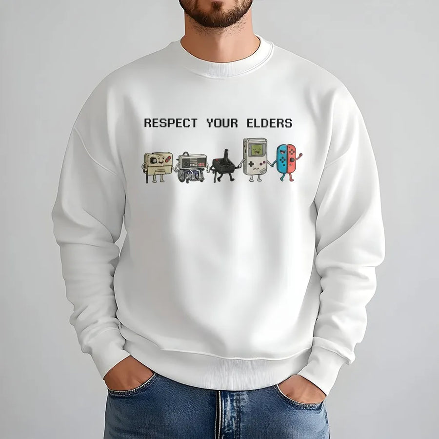 Respect Your Elders Retro Gamer Sweatshirt | Funny 90s Pixel Art Console Graphic | Unisex Premium Cotton Blend | Perfect Gift for Retro Gaming Fans
