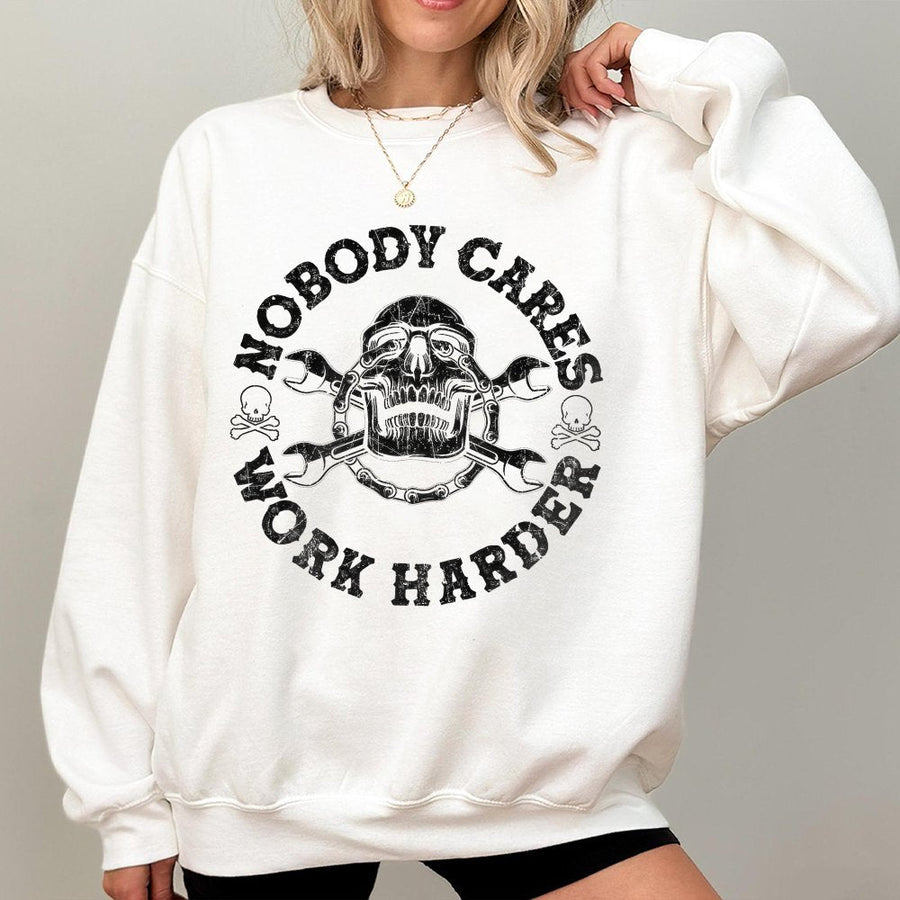 Nobody Cares Work Harder Sweatshirt | Motivational Skull Wrench Graphic | Premium Cotton Blend | Unisex Gym Workout Gift for Men and Women