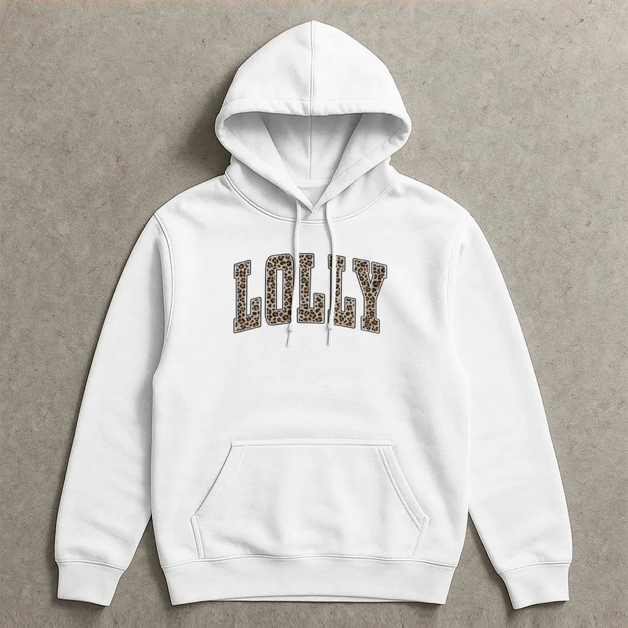 Lolly Hoodie | Leopard Print Varsity Letters Sweatshirt | Cozy Cotton Blend Pullover | Premium Mother's Day Gift for Grandma