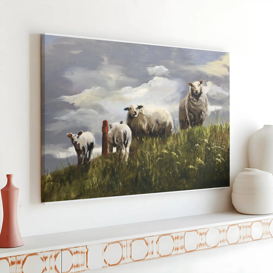 Rustic Sheep Canvas Wall Art | Pastoral Farmhouse Landscape Painting | Premium Gallery Quality Print | Country Home Decor Gift