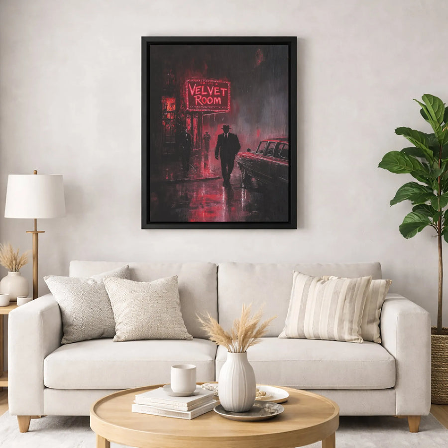 Film Noir Wall Art | Velvet Room Neon Sign Gangster Canvas Print | Premium Gallery Wrapped Decor | Moody Detective Aesthetic for Office